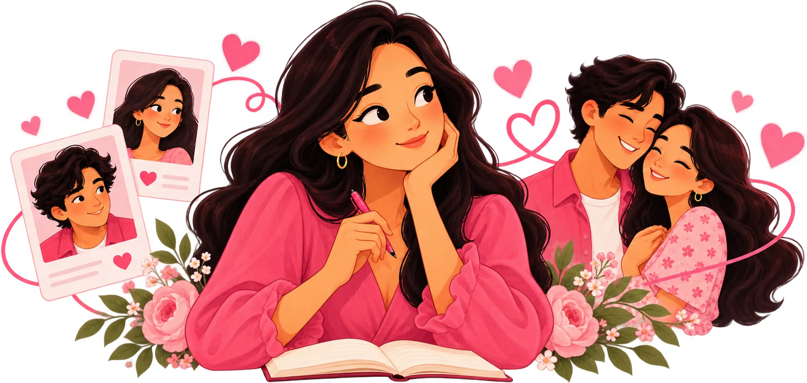 Illustration of a woman imagining a thoughtful introduction and a happy couple